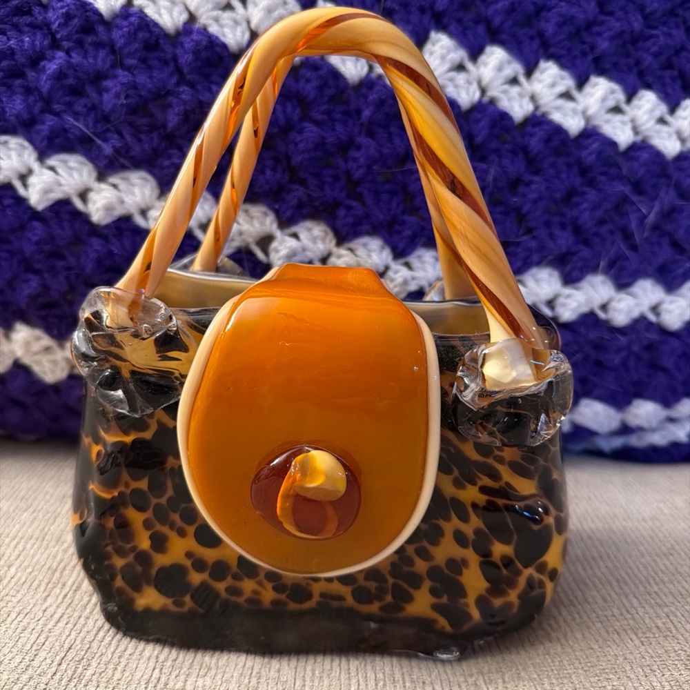 Vintage Murano Style Leopard Print Art Glass Handbag with Orange Accents